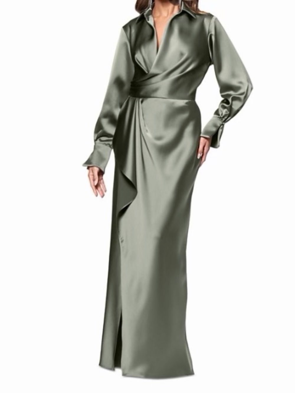 Xscape Olive Satin Wrap Gown with Long Sleeves